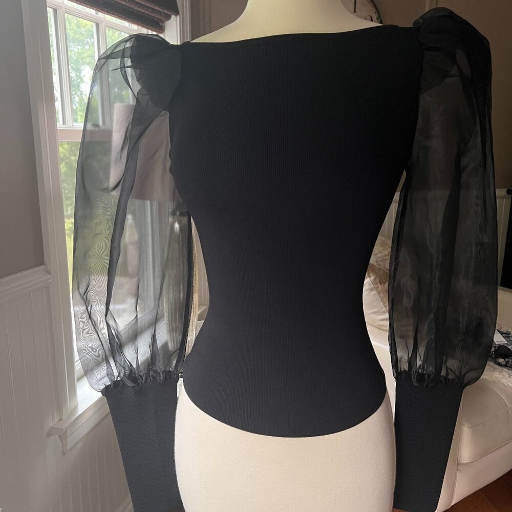 Alice & Olivia Black Abella Puff Sleeve Square Neck Sweater Size XS